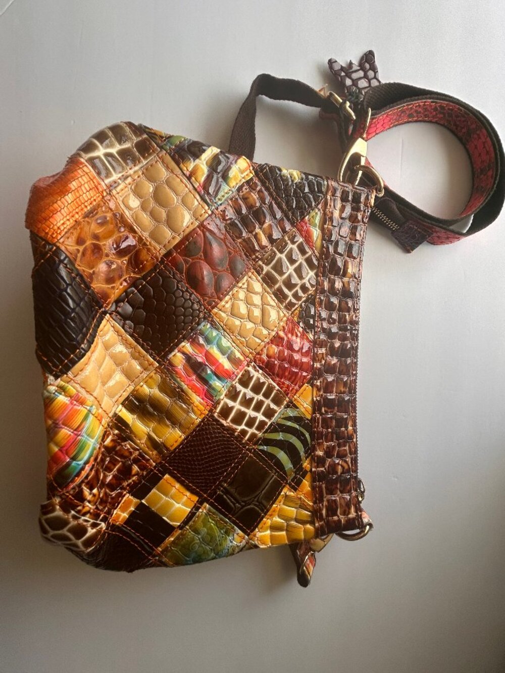 Boho Patchwork Floral Embossed Crossbody Bag | 3D Appliqué Flowers w/Rhinestone - Picture 10 of 15